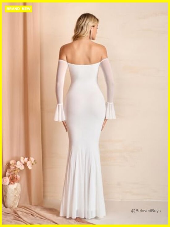 Off Shoulder Bodycon Maxi Dress Sheer Long Sleeve Mermaid Formal Wedding Guest - Picture 5 of 7
